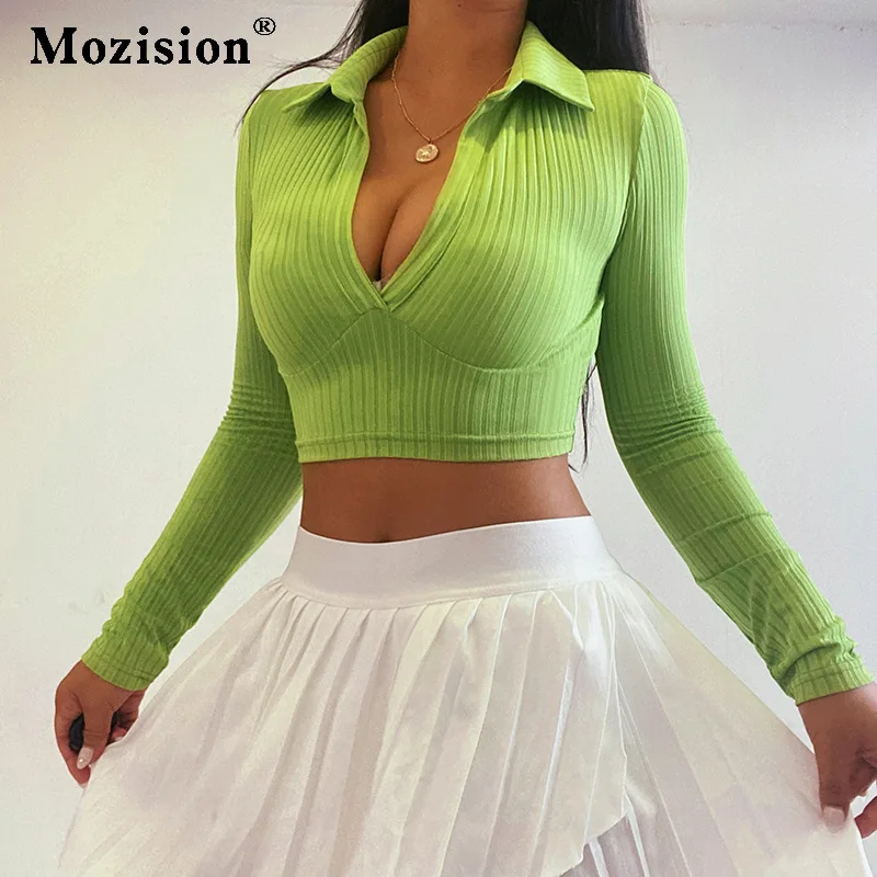 

Женская трикотажная футболка в рубчик, с отложным воротником и длинным рукавом