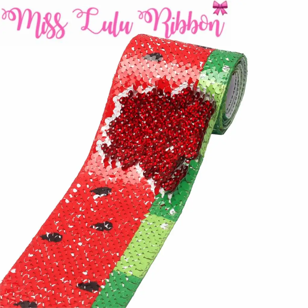 3&quot75mm Fruits Series Summer Watermelon Printed Double Reversible Hologram Red Sequin Ribbon DIY Hair Bowknots 46yards | Дом и сад