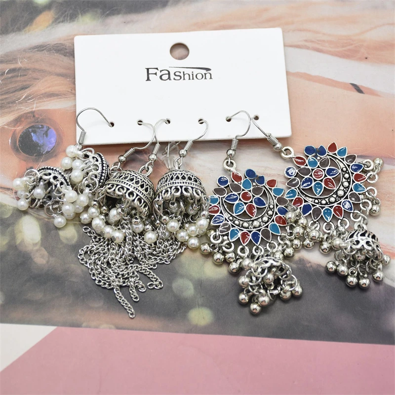 

1set Ethnic Vintage Dangle Earrings Set For Women Party Bohemian Woman Earrings Handmade Tassel Statement Indian Jewelry