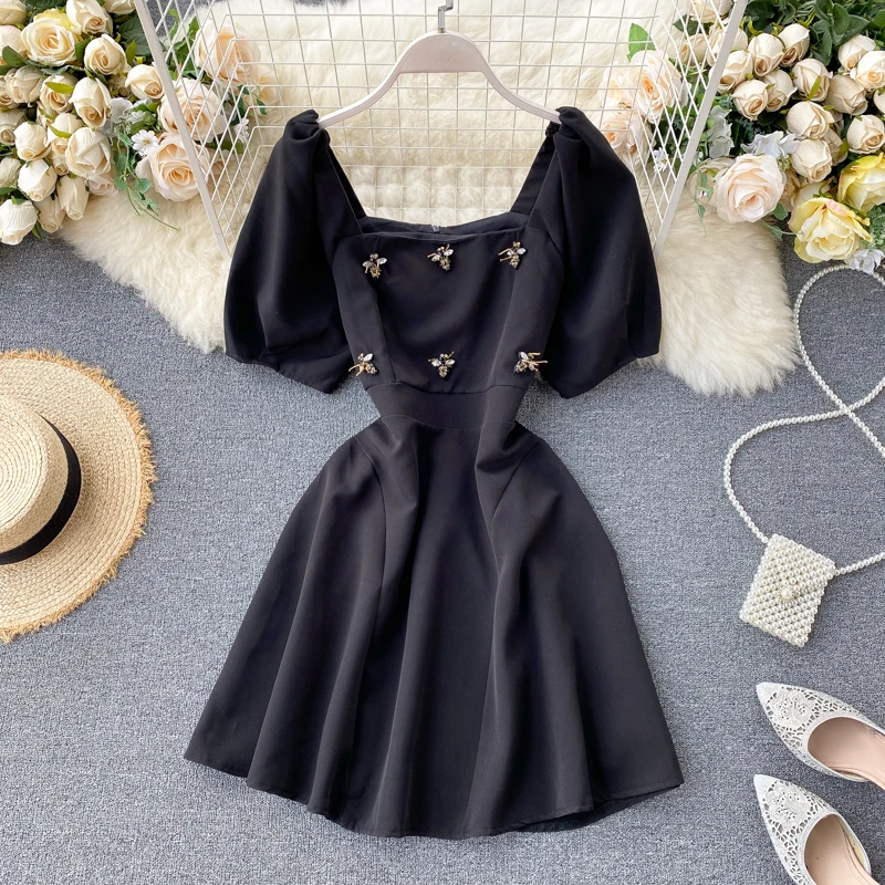 Женское короткое винтажное мини-платье во французском стиле черное платье с