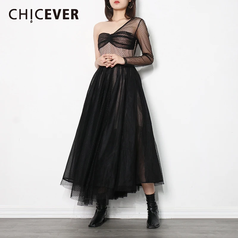 

CHICEVER Sexy Black Print Dot Dress For Women Skew Collar Long Sleeve Patchwork See Through Ruched Dresses Female 2021 Summer