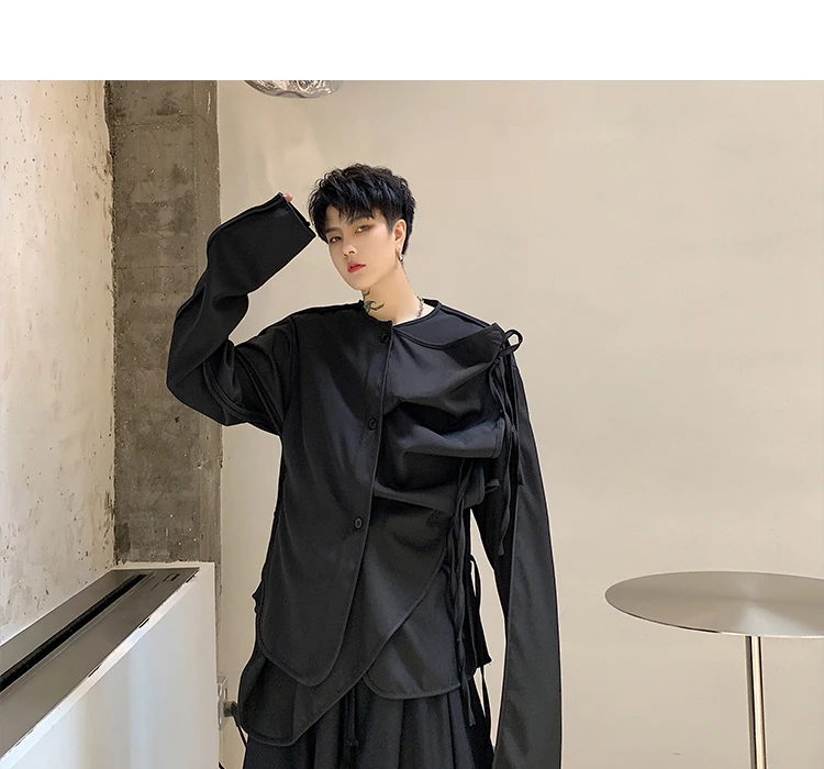 Men Fold Irregular Ribbon Splice Long Sleeve Casual Black Shirt Male Japan Style Streetwear Punk Gothic Shirts Stage Clothing
