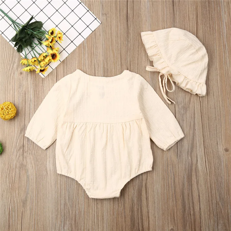 

Kid Baby Girl Long Sleeve Cotton Romper Newborn Jumpsuit Solid Outfits Clothes Hat