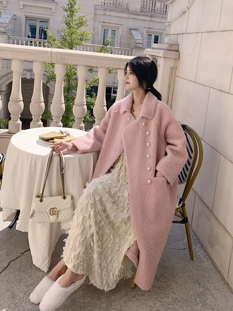 Женская шуба из 100% натурального меха овчины Длинная зимняя одежда 2020 корейские