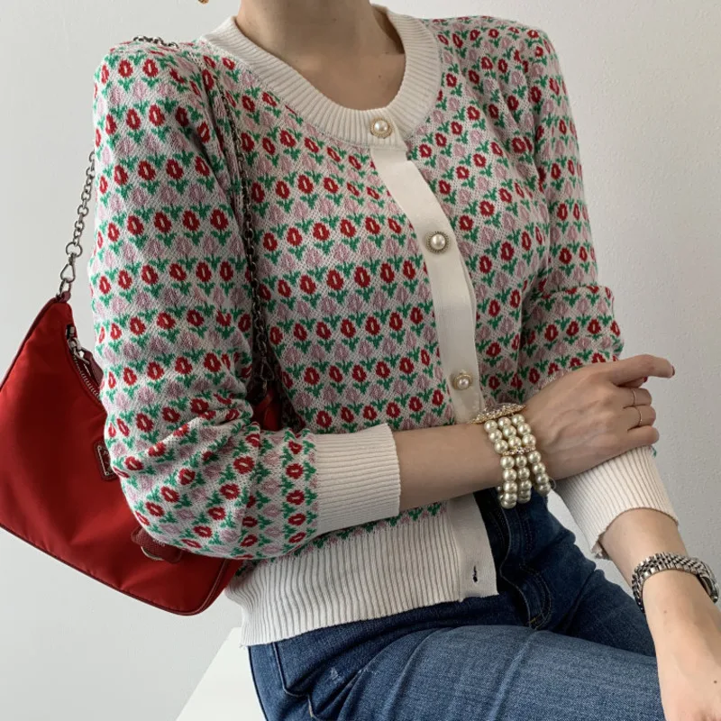 

Women Chic Knitted Cardigan Casual Vintage Floral Autumn Winter Leisure Feminine Tops All Match Soft Christmas Sweaters Coat
