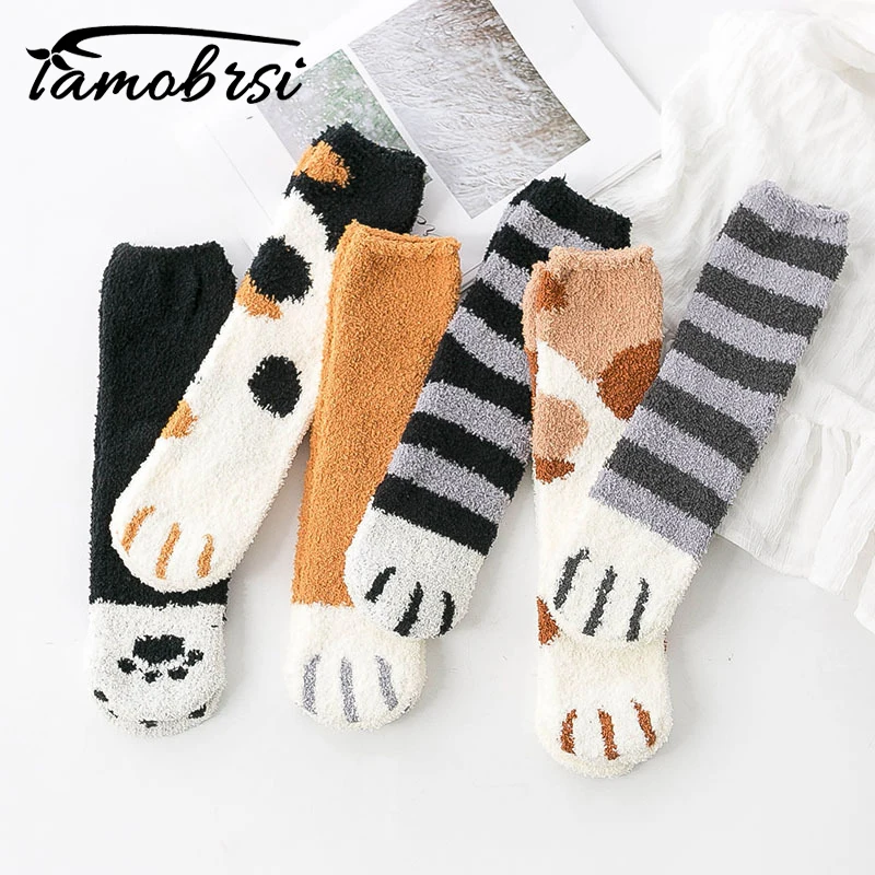Animal Claws Coral Velvet Socks Winter Kawaii Thick Striped Cartoon Women Socks Fuzzy Fluffy Terry Warm Socks Short Cute Socks
