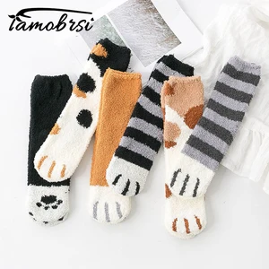 Носки женские, из вельвета кораллового цвета, толстые, полосатые, с мультяшным принтом, пушистые, короткие, для когтей животных