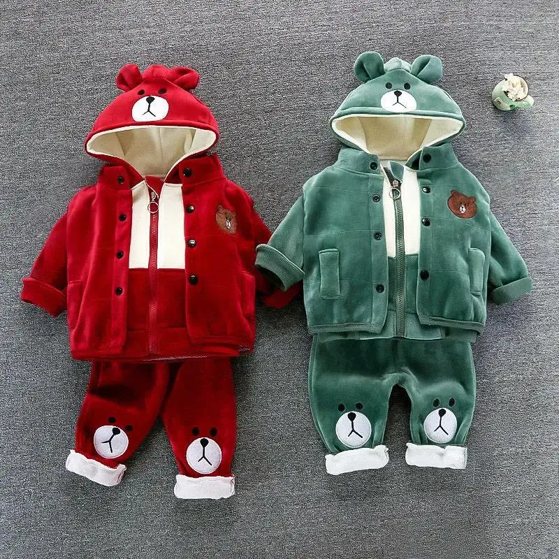 

Children Clothing Sets Winter Velvet Thick Plush Warm Casual Hooded Kids Jacket Cartoon Elephant 3Pcs Baby Boy Girl Clothes Suit
