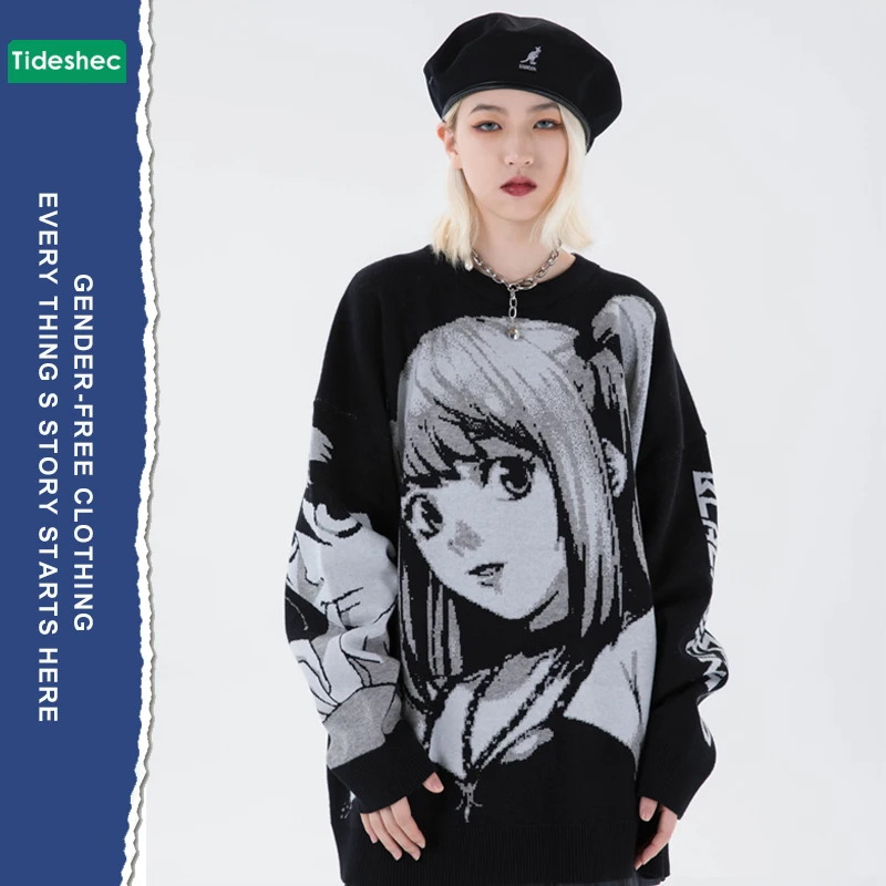 

New Mens Hip Hop Japanese Retro Cartoon Sweater Streetwear Harajuku Anime Girl Knitted Sweater Vintage Autumn Cotton Sweater