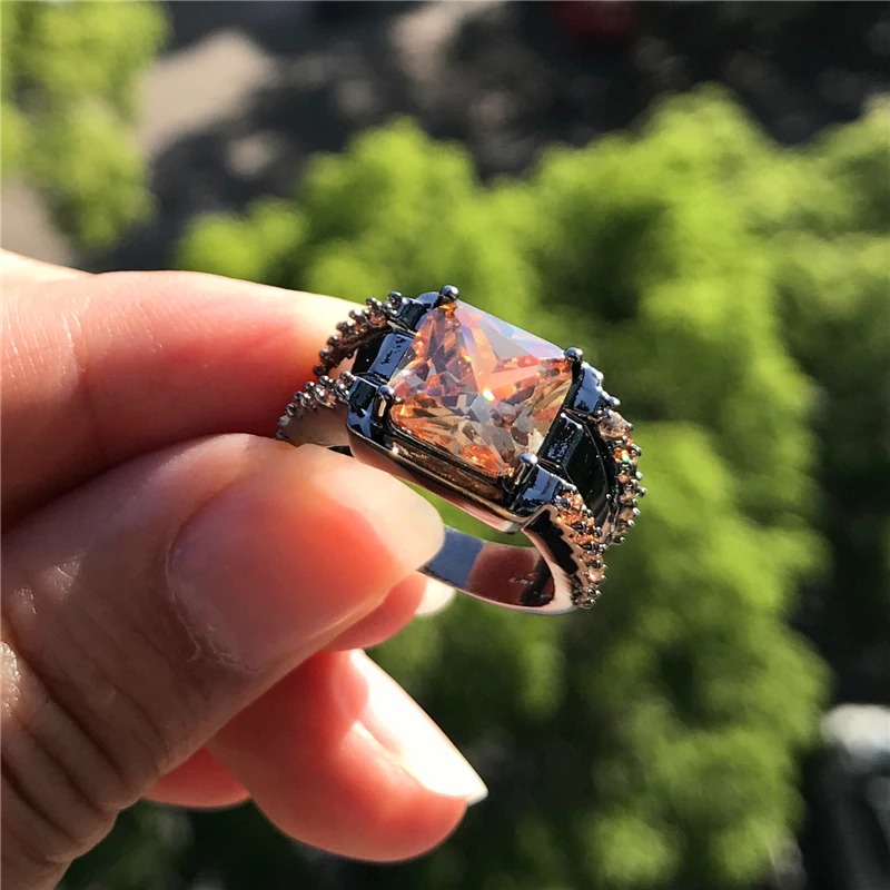 

Trendy Female Champagne Crystal Stone Ring Charm 14KT Black Gold Wedding Rings For Women Punk Square Zircon Engagement Ring