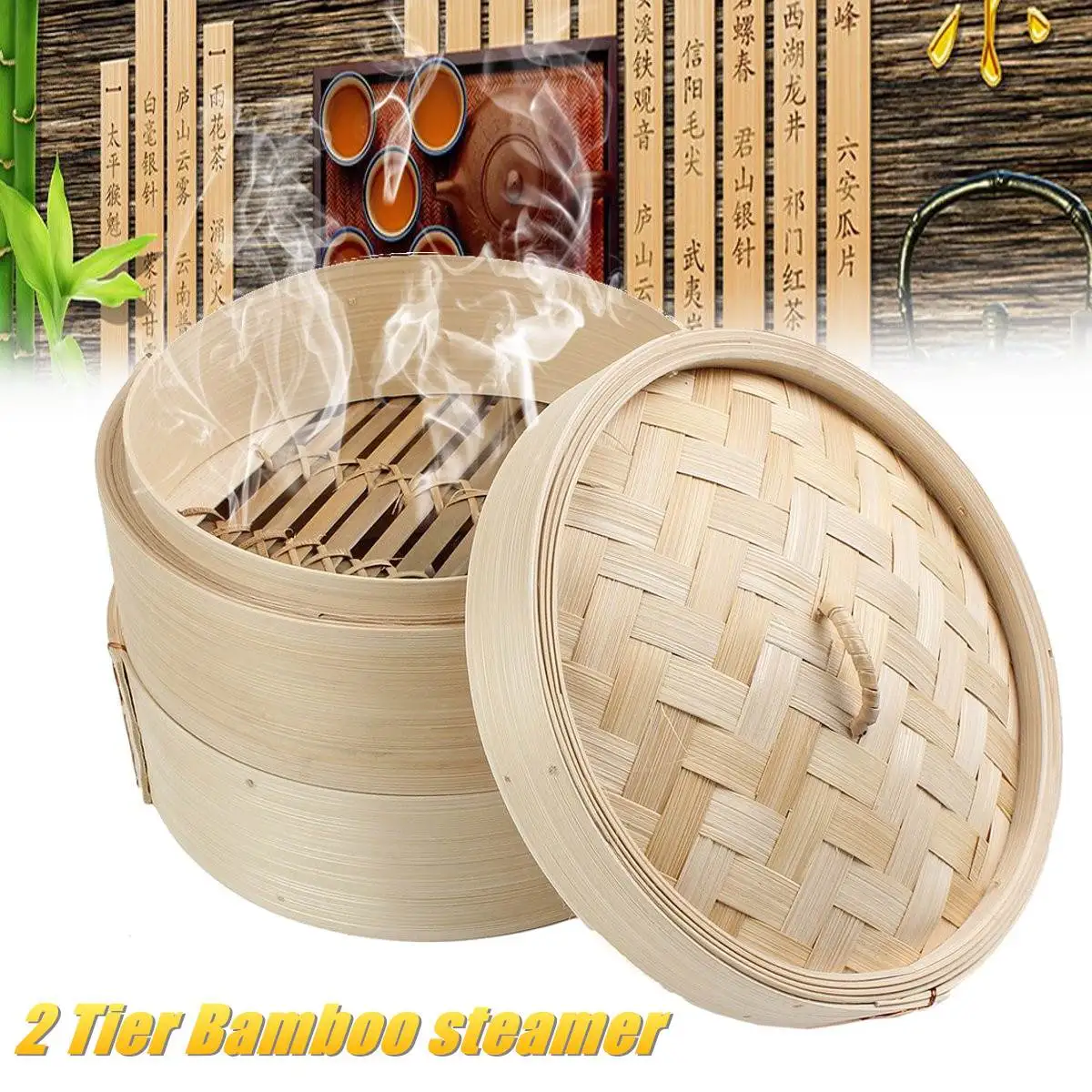 

New 2 Tier 8-Inch Cooking Bamboo Steamer Fish Rice Vegetable Snack Basket Set Kitchen Cooking Tools Dumpling Steamer Steam Pot