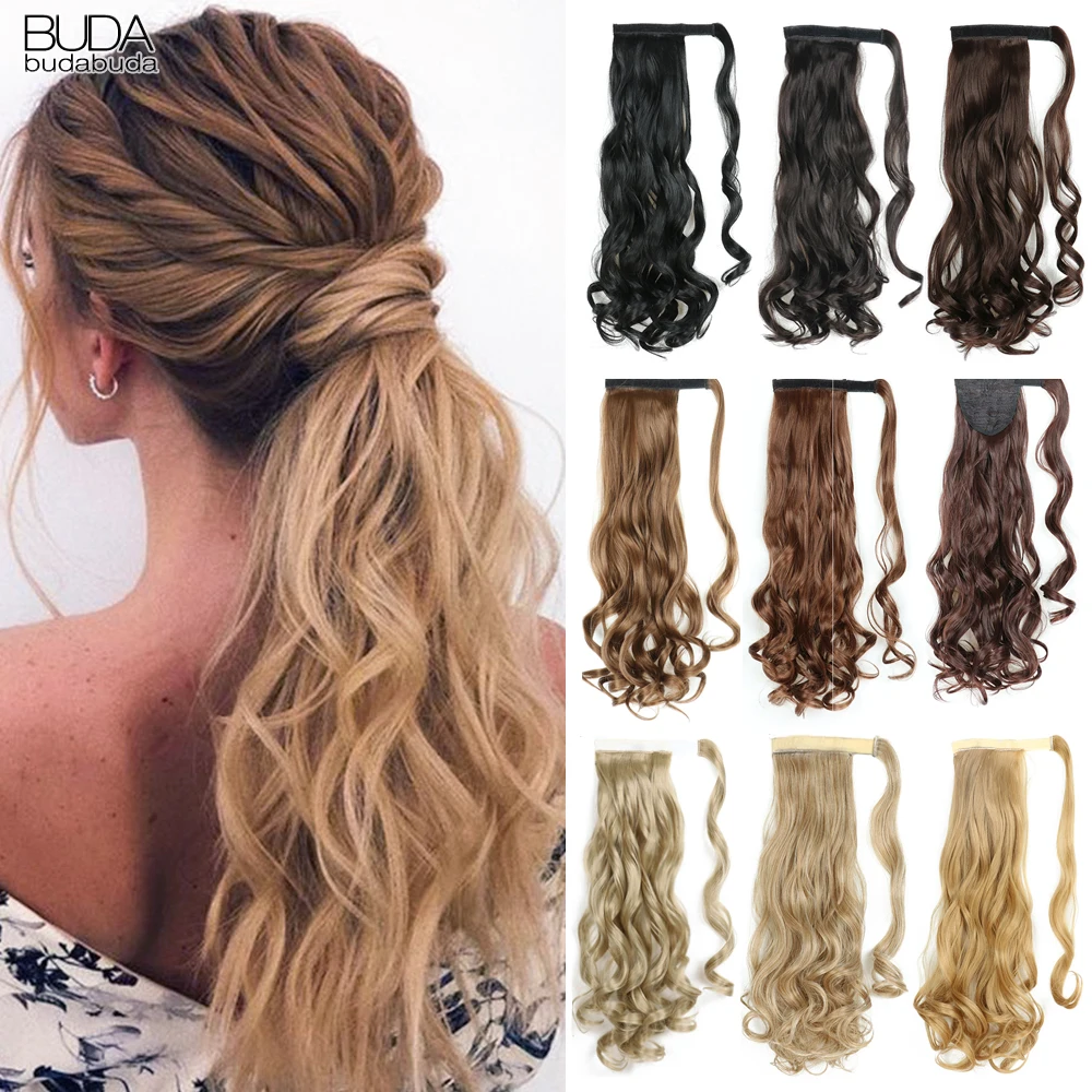 Wrap Around Ponytail Hair Extensions 20Inch Long Curly Wave Synthetic Ponytail Natural Hairpiece Brown Gray Hair For White Women