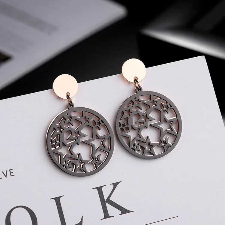 

round Plate Hanging Gold Black Double-Layer Hollow Ring Earrings Titanium Steel Ear Studs Women's Rose Gold Earrings Contrast