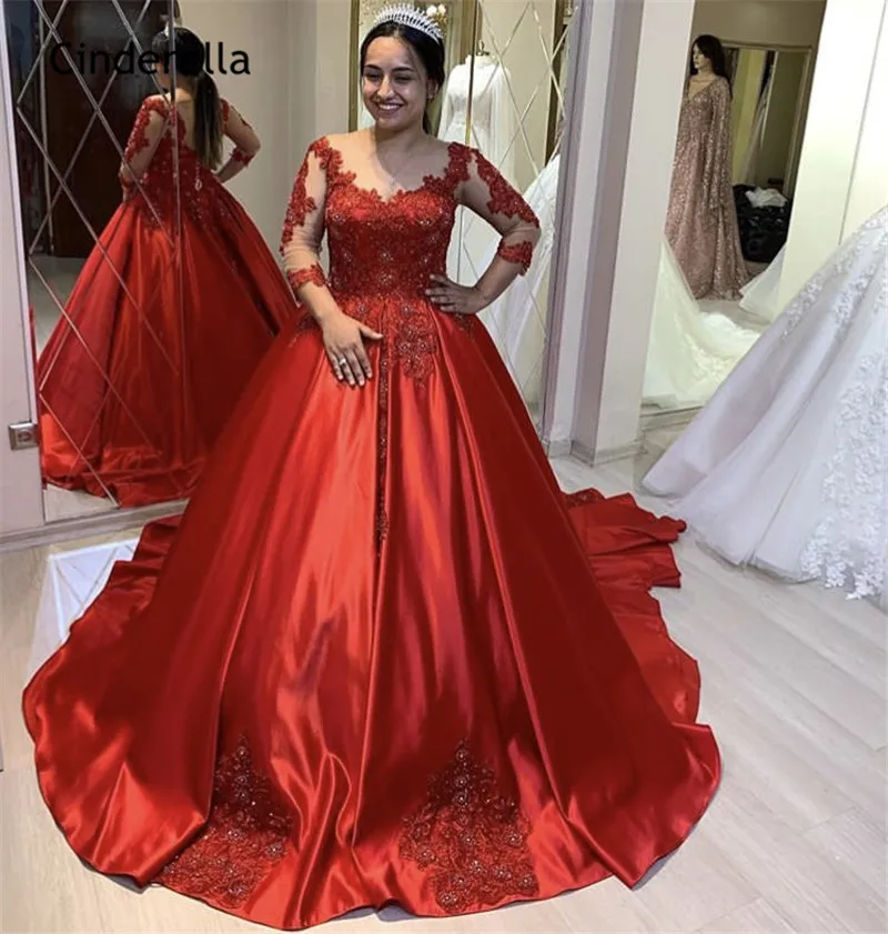 

Cinderella Long Sleeves Ball Gown Lace Applique Crystal Satin Evening Dresses With Lace Up Back vestidos de fiesta de noche