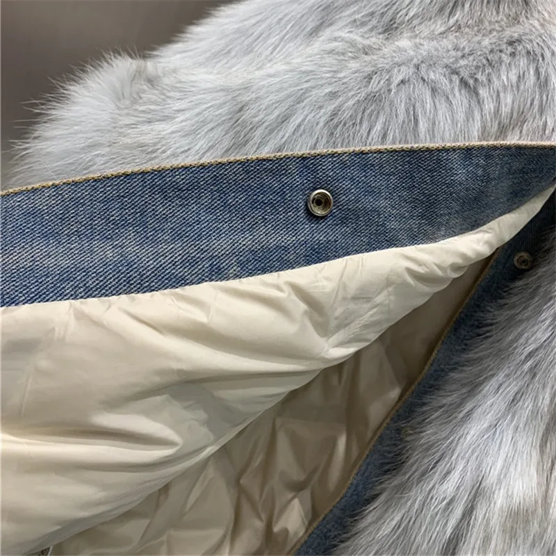 

2021 New Autumn Winter denim stitching fox fur jacket Thicken Women Real Fur Coat Casaco