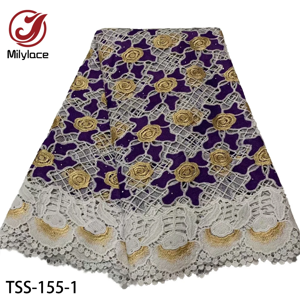 

Milylace African Guipure Cord Lace Fabric 2020 High Quality French Water Soluble Lace Fabric with Stone for Dress TSS-155