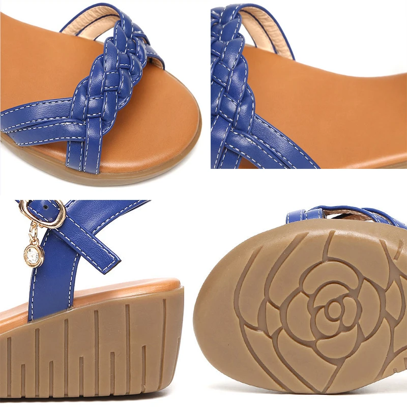 

Apricot PU Leather Open Toes Wedges Sandals Rhinestone Summer Non-Slip Peep Toe Women Shoes Elegant Hollow Casual Ladies Shoes