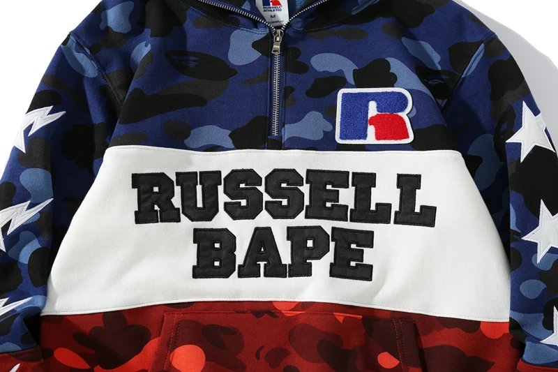 

Winter Plush Warm BApe Head RUSSELL ATHLETIC Co Branded Embroidered Badge Jacket Hoodies Harajuku Hip Hop High Street Pullover
