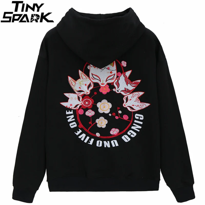 

2021 Men Hip Hop Hoodie Streetwear Sweatshirt Embroidery Fox Flower Pullover Harajuku Cotton Casual Hooded Hoodie Black White