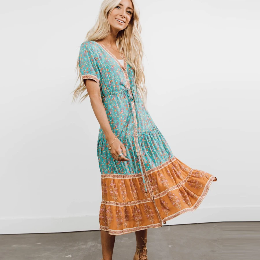 TEELYNN long boho dress 2018 autumn rayon Floral print dresses short sleeve sexy v-neck Hippie Bohemia women Vestido | Женская одежда