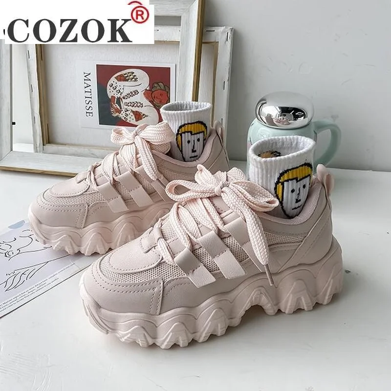 2021 New Dad Shoes Women's Shoes Spring Breathable Thick-soled Women's Street Shoes Lace-up Sneakers Casual Vulcanized Shoes