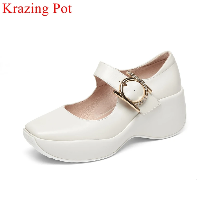

Krazing Pot cow leather shallow crystal casual autumn shoes platform Mary janes concise solid office lady elegant women pumps