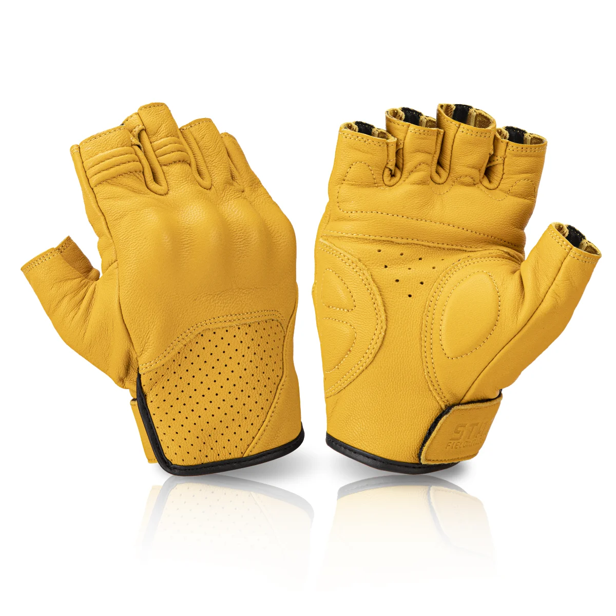 Genuine Goatskin Leather Motorcycle Gloves Motocross Fingerless Gloves Half Finger Summer Retro Vintage Yellow Racing Men Women