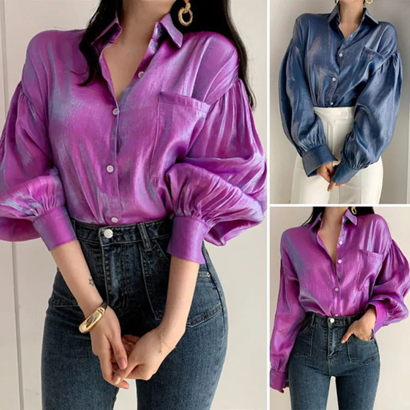 

2021 Spring and Autumn new Women's fashion Shirt Female Button Lapel Pocket Splicing Lantern long Sleeve Blouses Loose tops