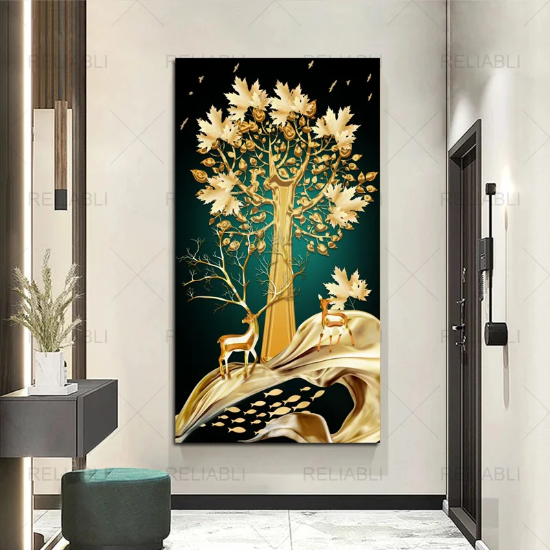

New Chinese Style Light Luxury Golden Rich Tree Deer Entrance Home Decor Modern Canvas Painting Landscape Prints No Frame Poster
