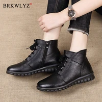 genuine leather shoes woman winter boots 2020 womens ankle boots flat with zip fur female retro shoes