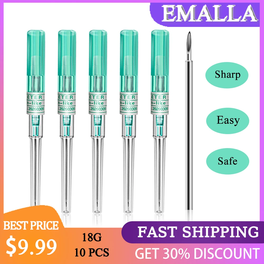 

EMALLA 10PCS 18G Disposable Gauge Piercing Needles IV Catheter for Ear Nose Navel Nipple Piercing Sterilized Tattoo Supplies