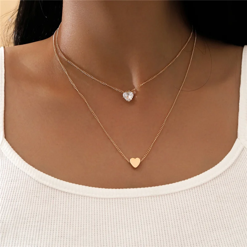 

Bohemia Style Gold Color Metal Heart Pendant Necklace for Women 2021 Crystal Heart Necklace Female Party Jewelry