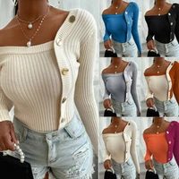 women fashion button threaded topelegant knitted tops long sleeve cold shoulder sexy casual slim buttons top femme solid sweater