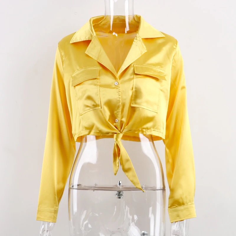 Женская атласная шелковая блузка на шнуровке Forefair укороченный топ с длинными