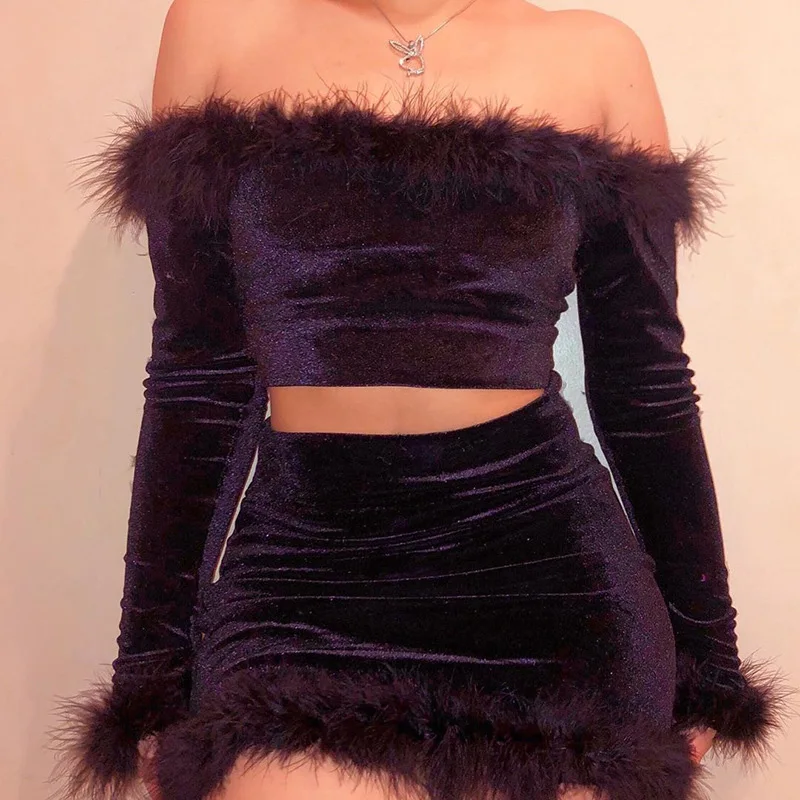 Fitshinling пушистые Лоскутные Бархатные юбки подходящие комплекты 2020 весенние