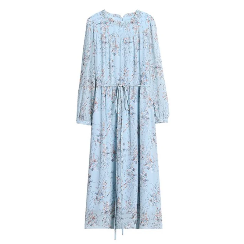 

Women Vintage Blue Floral Chiffon Dress Autumn Winter New Style S-XXL Plus Size Print Long Sleeve Fashion Dress