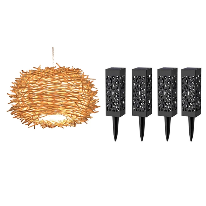 

1 Pcs 30Cm LED Hand-Woven Rattan Lampshade & 4 Pcs LED Solar Garden Lights Outdoor Lawn Light Path Lamp