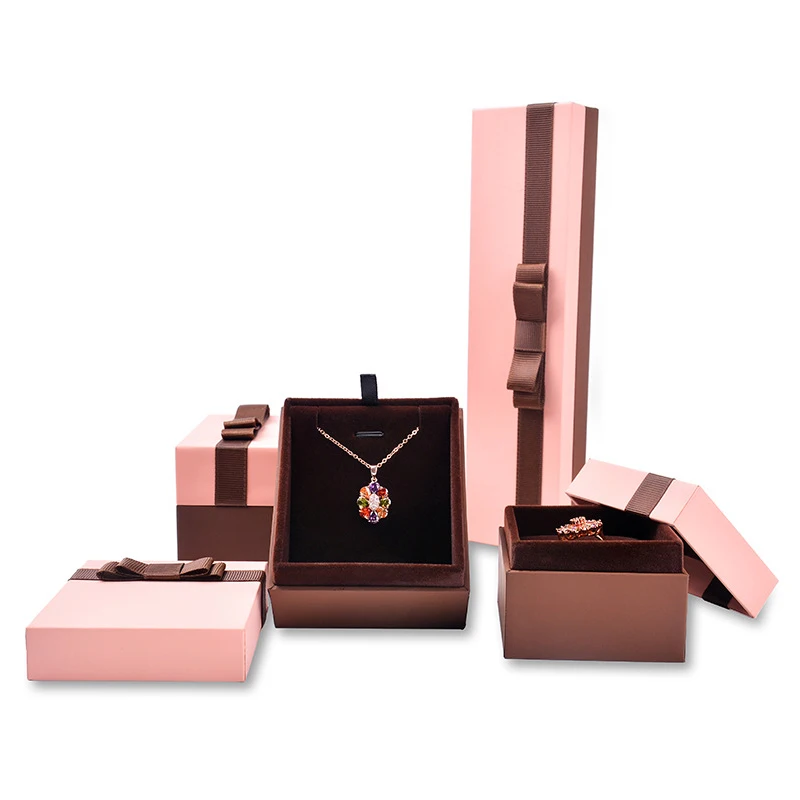 

Pink Fashion Jewelry Box Packaging with Silk Bow Ribbon Engagement Romantic Necklace Pendant Ring Gift Display Cases