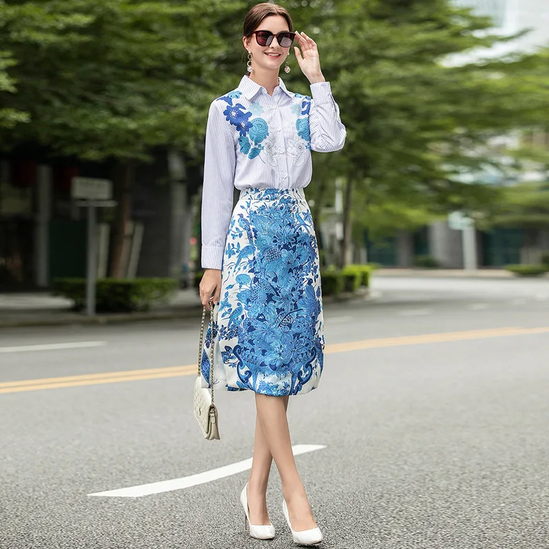 

Ladies Skirt Suits Autumn 2020 New Fashion Blue Printed Stripes Shirt Top + A-Line Midi Skirt Women's Clothing Two Piece Set