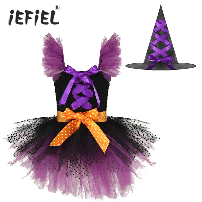 

Kid Girls Halloween Witch Costume Stretchy Smocked Ruched Bodice Mesh Tutu Carnival Cosplay Dress Pointed Hat Dress Up Clothes