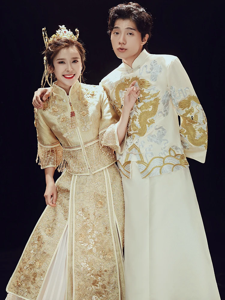 

Xiuhe Clothing New Chinese Style Bridal Clothes Wedding Dress a Chaplet and Official Robes Ancient Costume Wedding Dress Xiuhe