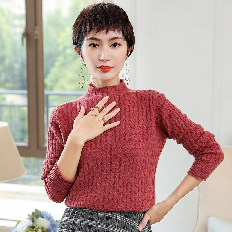 Женский теплый кашемировый свитер облегающий толстый с высоким воротом и