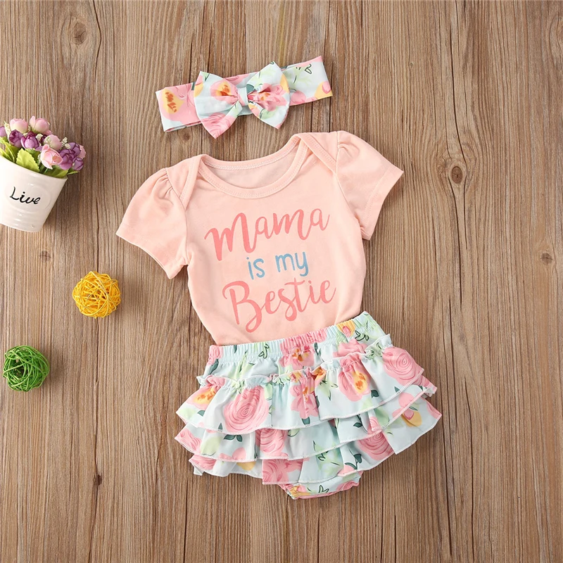 

2021 Summer Toddler Infant Baby Girls Cotton Casual Outfits Set Letter Bodysuit+Floral Shorts+Headband Cute Baby Clothes 0-24M