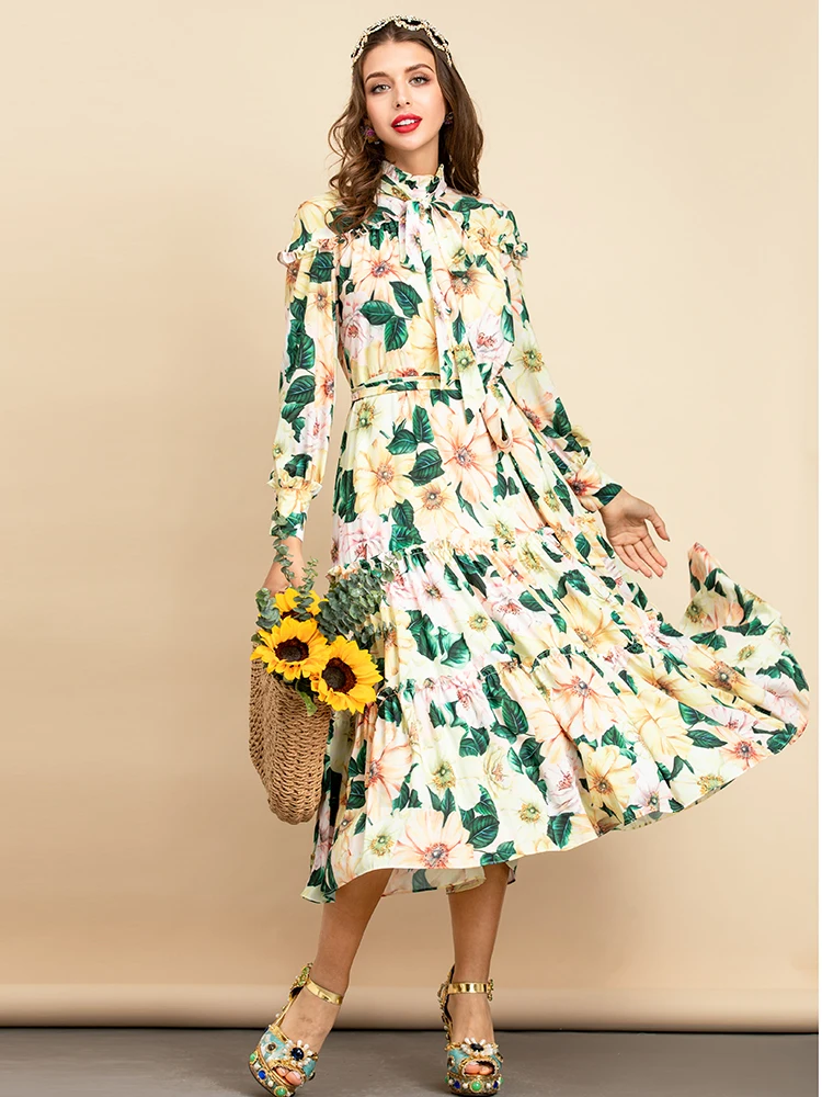 

Женское модельное платье с бантом на воротнике, элегантное праздничное платье Бохо большого размера 3XS-10XL с цветочным принтом и поясом, лето...