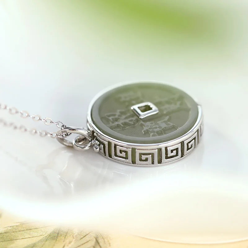 

China Dynasty Old Coins Cultural Jewelry Natural Jade Gemstones Pendants for Women Real S925 Silver Necklaces with Chains