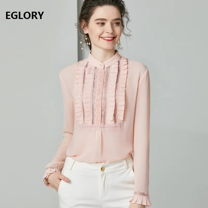 Женская шифоновая блузка с длинным рукавом розовая или зеленая Элегантная