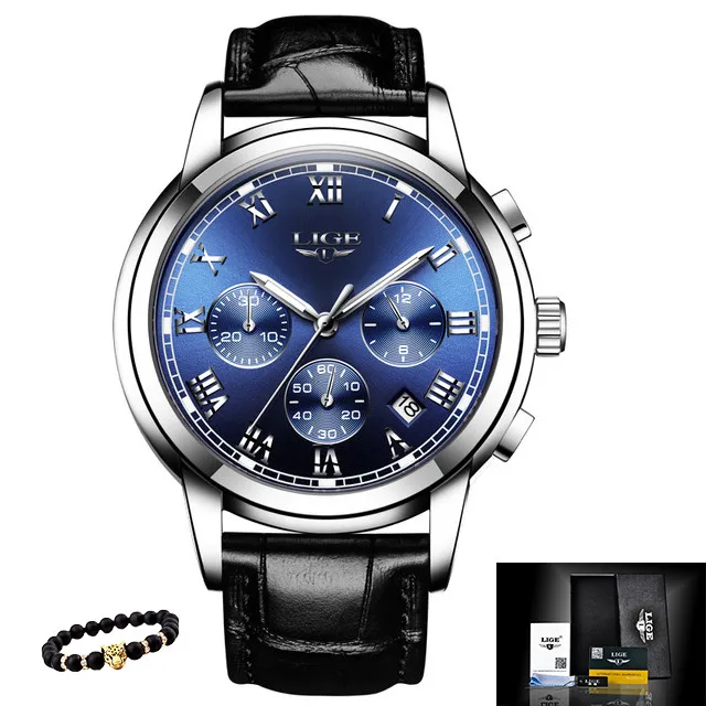 L-silver blue LIGE мужские часы, военные Роскошные брендовые часы, мужские кварцевые часы из нержавеющей стали, модные часы с хронографом, мужские часы - Цвет: L-silver blue
