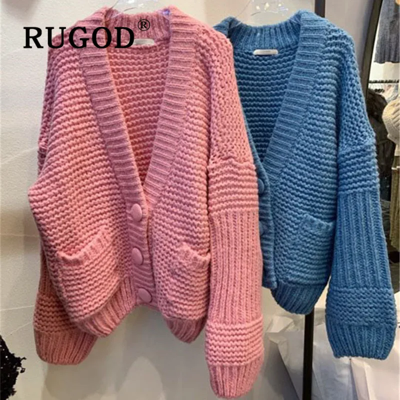 RUGOD New Korean Style V-neck Elegant Ovrsized Knitted Cardign Women Big Button Candy Color Sweater Fashion 2019 |