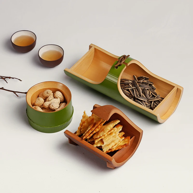 Bandeja de bambú Natural para aperitivos, Ceremonia de té de almacenamiento para cuenco, plato hecho a mano, bandeja para frutos secos y aperitivos