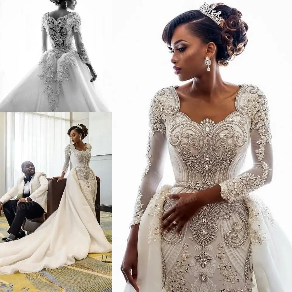 

Beading African Wedding Dresses Crystals Overskirts Luxury Long Sleeves Sheath Detachable Train Bridal Gowns Custom 2021